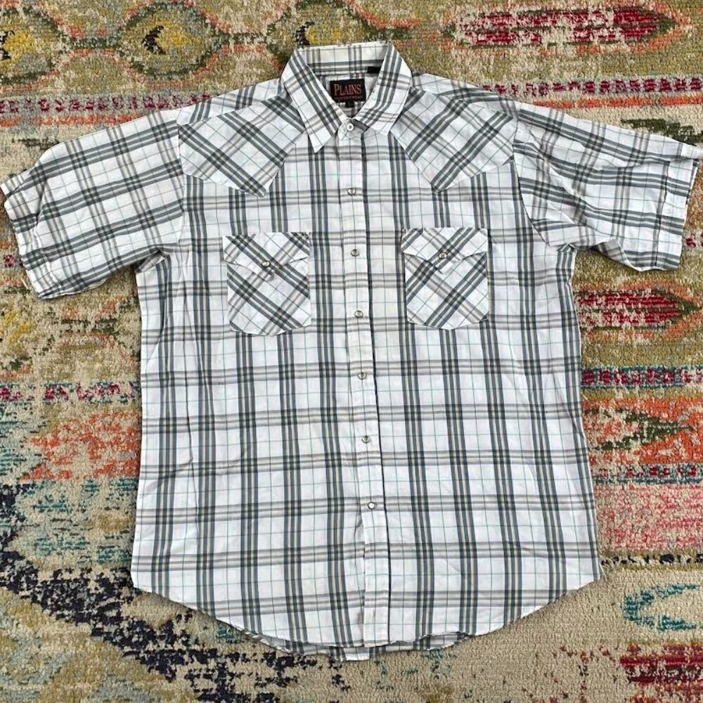Vintage Plains Western Wear Plaid Cowboy Short Sleeve Rodeo Button Down Shirt